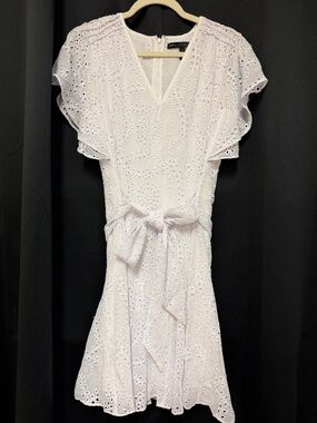 White House Black Market White Eyelet Dress Size 6 Belted Fit & Flare